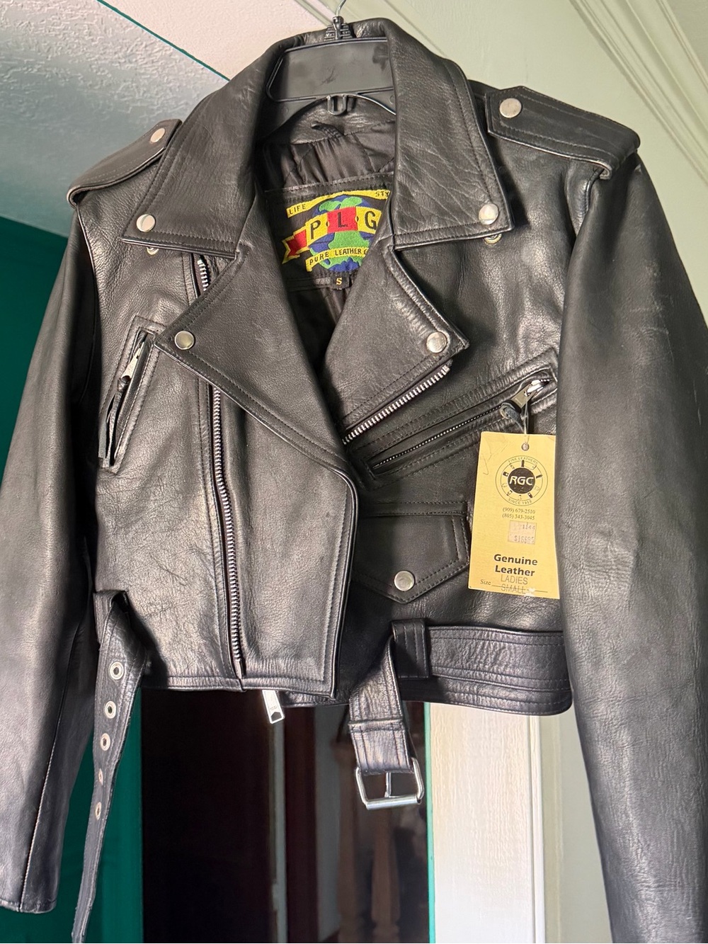 PLG Black Genuine Leather Cropped Moto Jacket with Belt